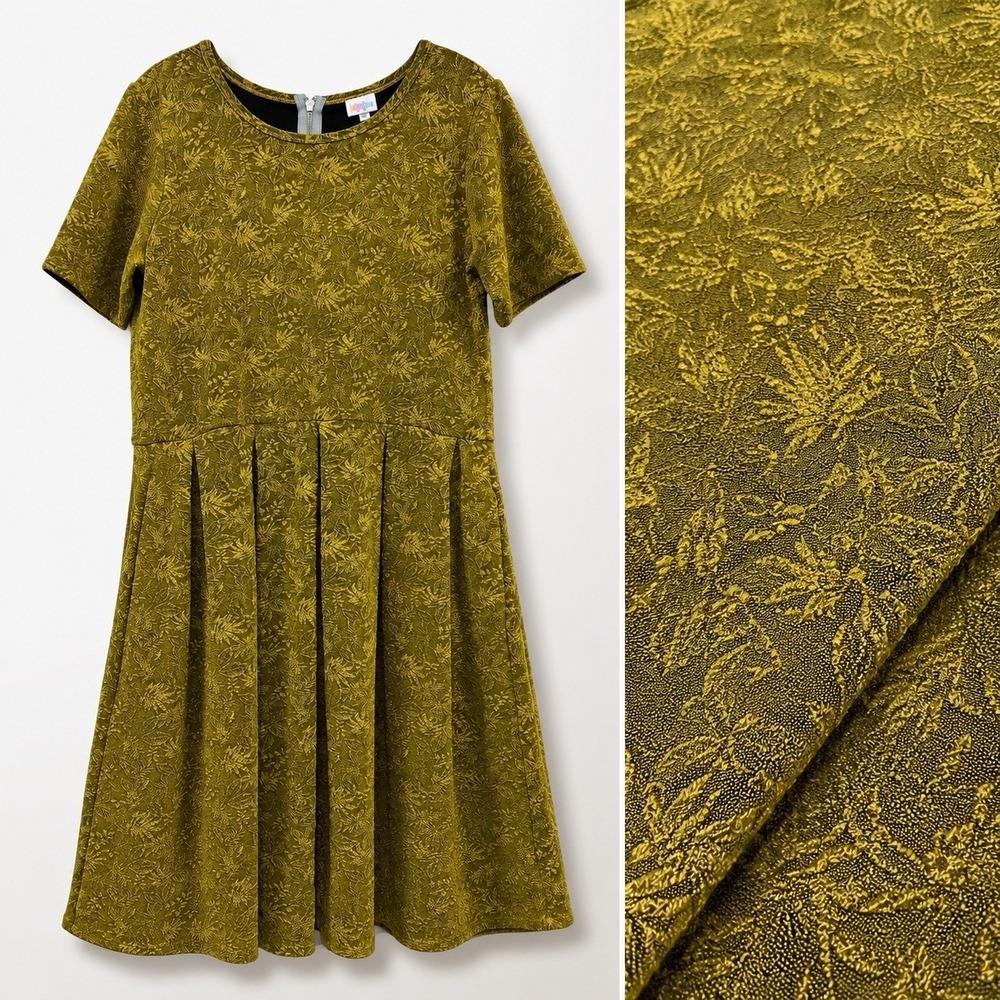 NWT LuLaRoe Amelia Dress 3XL Olive Gold Floral Jacquard Fit Flare Pockets Dressy